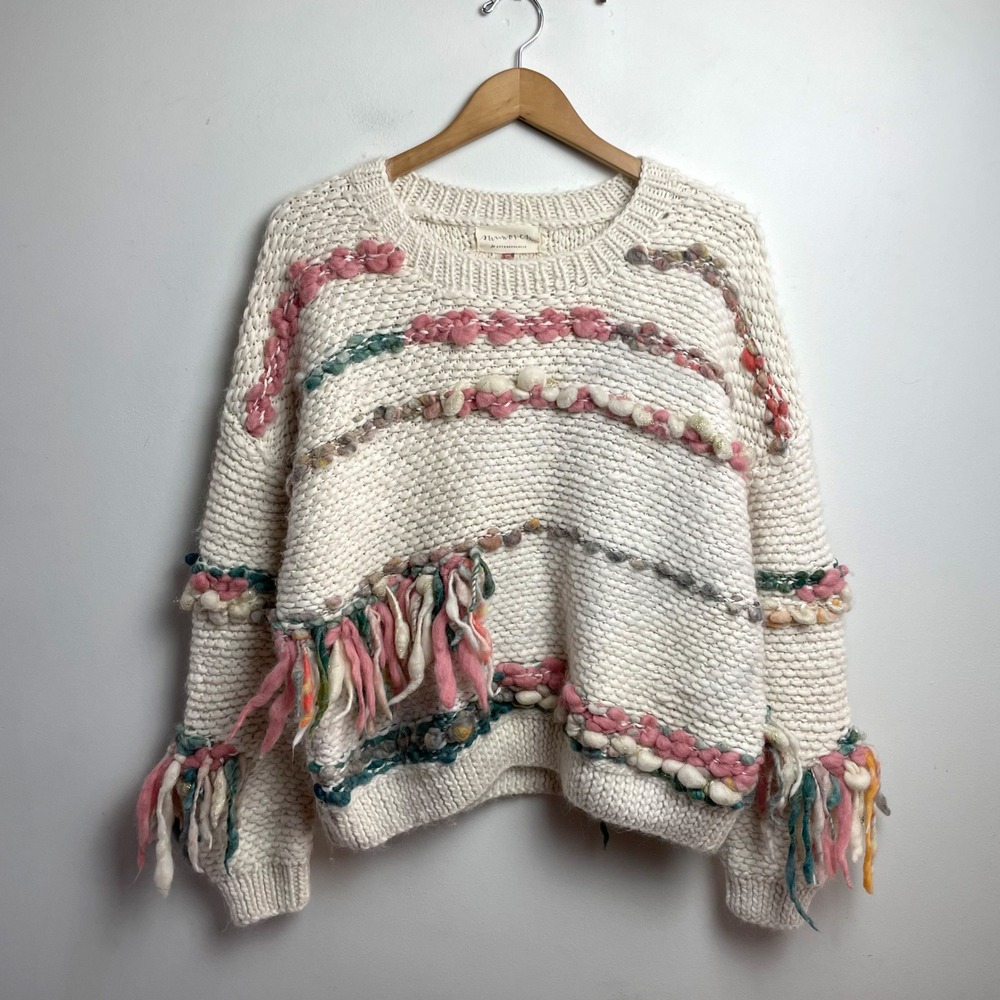 Anthropologie Boho Cream Chunky Knit Fringe Sweater Maximalist Eclectic Cozy